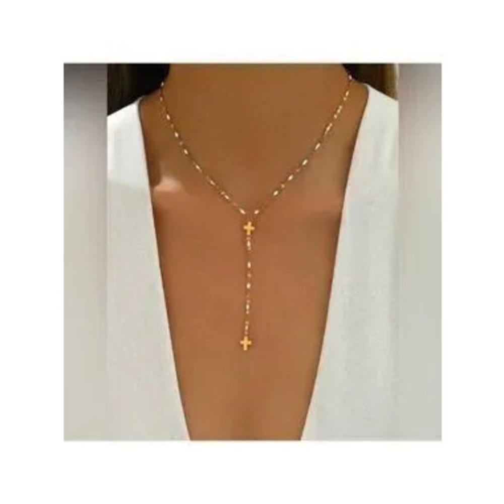 Gold Plated Stainless Steel Cross Beaded Lariat Necklace